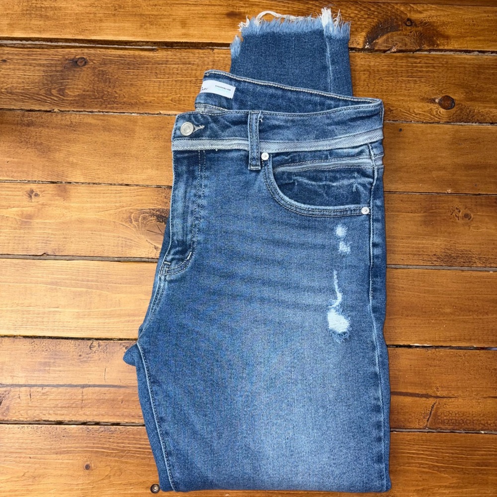 KanCan Skinny Jeans Women 30 (Measures 33x28) Blue Distressed Frayed Hem Stretch